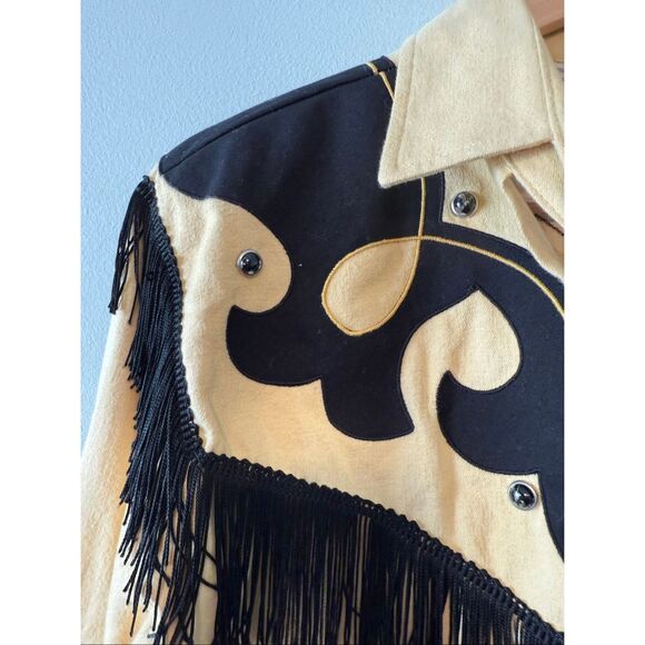 1849 Authentic Ranchwear Womens M Fringe Trim Western Jacket Beige Black Cowgirl - Picture 5 of 13